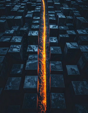 Deep within a mysterious, block-like structure, a glowing fissure reveals a core of intense energy.の素材