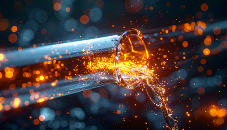 A macro view of a fiber optic cable pulsing with vibrant orange and blue light, symbolizing the incredible speed and energy of modern data transmission.の素材