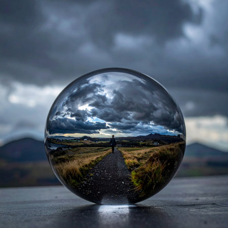 A lone figure stands on a path to the mountains, their journey captured and inverted within a crystal ball.の素材