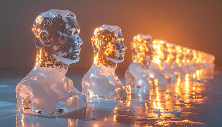 In a digital realm where consciousness can be replicated, a line of identical glass-like androids emerges from a liquid data stream.の素材