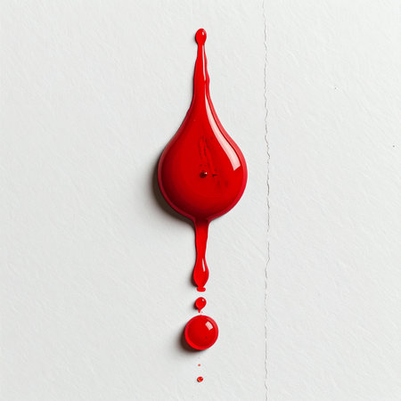 A single, vibrant red drop of liquid makes its slow descent down a clean white wall. The glossy surface reflects the light, capturing a moment of suspense and intensity.の素材