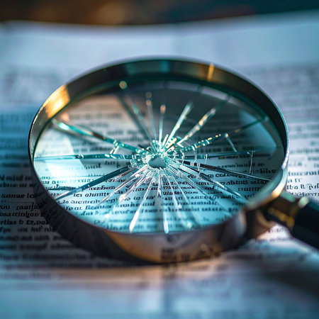 A shattered magnifying glass lies on a page of text, its cracked lens distorting the words beneath.の素材