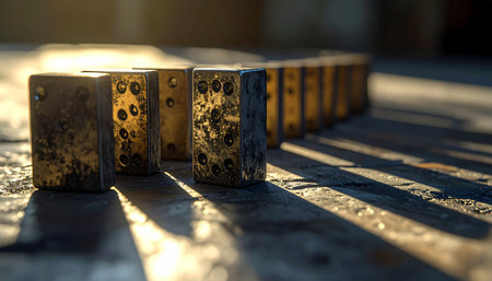 A line of vintage dominoes stands ready on a textured surface, bathed in the warm glow of the golden hour.の素材