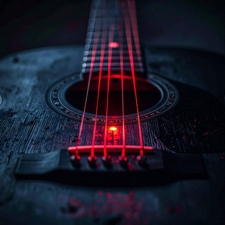 The soulful pulse of music comes alive as vibrant red light courses through the strings of a classic acoustic guitar.の素材