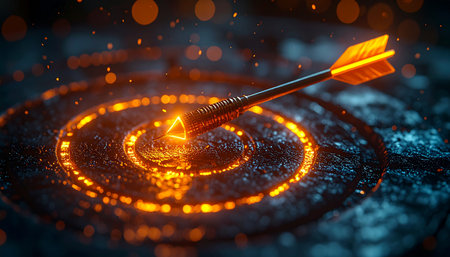 In a world of data and digital challenges, a single arrow glowing with purpose finds its mark.の素材