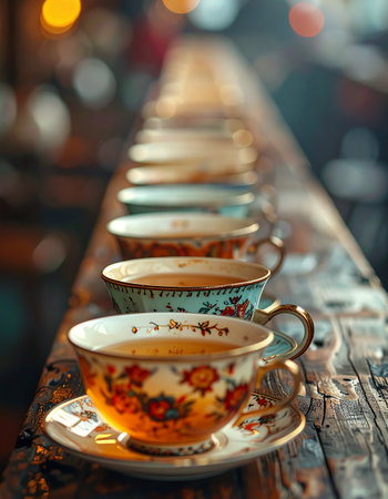 A line of elegant, floral-patterned vintage tea cups sits on a rustic wooden table, filled with warm tea.の素材