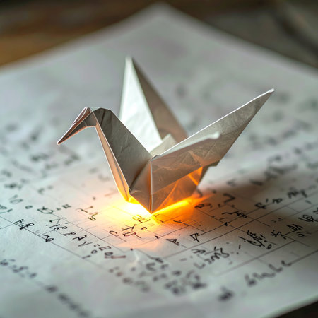 A delicate origami crane rests upon a page of handwritten music, its paper form illuminated by a warm, hopeful glow from within.の素材