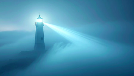 In the deep, quiet of a foggy night, a solitary lighthouse stands firm. Its powerful beam cuts through the dense mist, a steadfast beacon of hope and guidance for those navigating the unknown waters.の素材