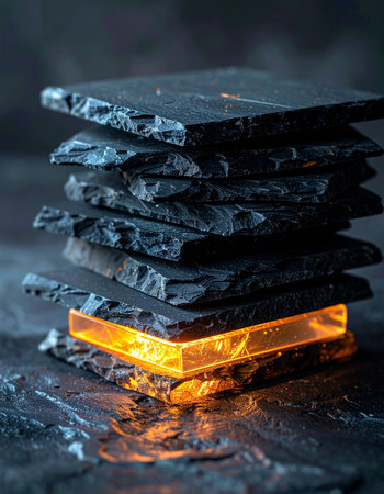 A stack of raw, dark slate reveals a powerful secret: a glowing core of pure energy, symbolizing hidden potential, breakthrough technology, or a valuable, untapped resource.の素材
