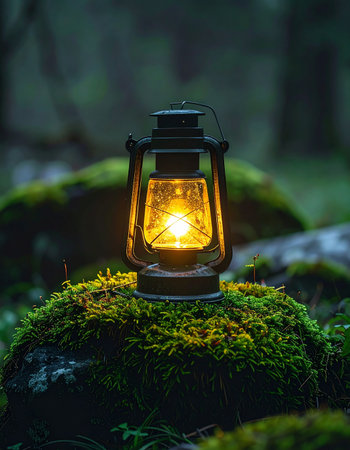 A classic lantern casts a warm, inviting glow upon a moss-covered stone in a deep, twilight forest.の素材