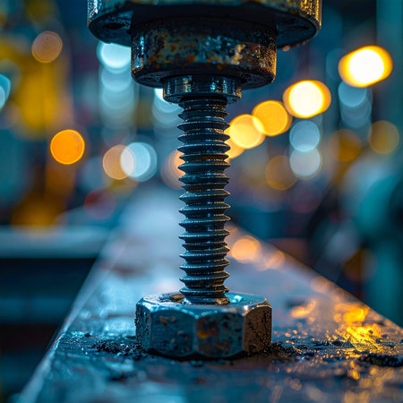 A close-up view captures the immense strength of a heavy-duty industrial bolt, a critical component in a powerful machine.の素材
