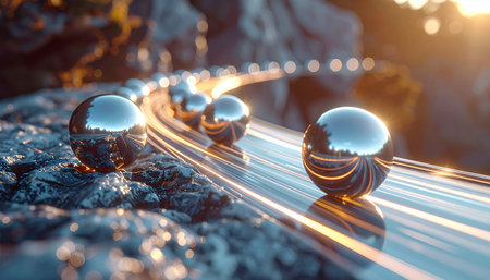 Metallic spheres race along a glowing pathway, symbolizing the rapid transfer of data and information.の素材