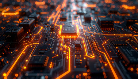 A macro view of a central processing unit, where streams of glowing orange data pulse through intricate pathways.の素材