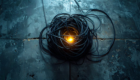 In the heart of a tangled web of dark cables, a mysterious orb of energy pulsates with warm light.の素材
