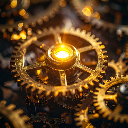 At the heart of a complex, intricate machine, a single golden gear glows with a warm, powerful light.の素材