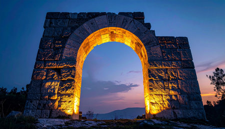As twilight paints the sky, a magnificent ancient stone archway is illuminated, its warm glow a beacon against the fading light.の素材