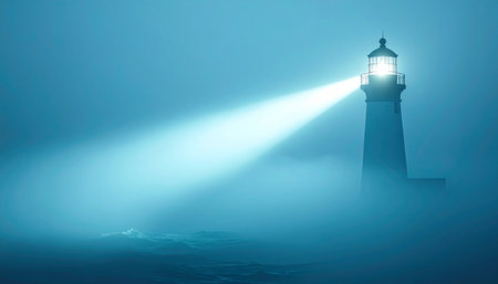 In the deep, mysterious blue of a foggy night, a solitary lighthouse stands as a steadfast sentinel.の素材
