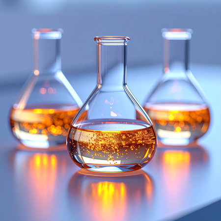 In a state-of-the-art laboratory, three glass flasks contain a glowing orange solution, illuminated from below.の素材