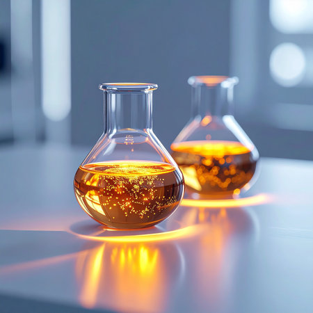 In a state-of-the-art laboratory, two flasks hold a groundbreaking solution, glowing with the promise of a new discovery.の素材