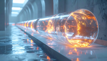 In a high-tech industrial corridor, streams of pure energy pulse through a transparent pipeline, reflecting off the wet floor.の素材