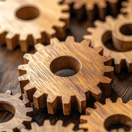 A close-up view of intricately crafted wooden gears interlocking seamlessly.の素材