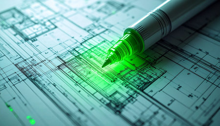 In a dimly lit studio, a high-tech pen with a vibrant green glow meticulously traces the lines of a complex architectural blueprint.の素材