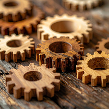 In a rustic workshop, intricately handcrafted wooden gears lie scattered on a weathered workbench.の素材