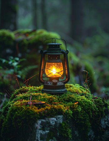 A vintage lantern casts a warm, inviting glow on the mossy floor of an ancient, mysterious forest.の素材