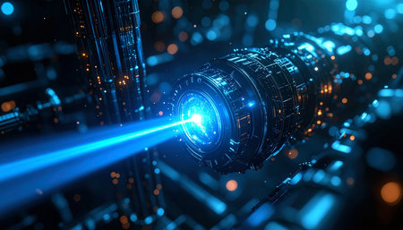 A close-up view of a futuristic machine firing a concentrated beam of blue light.の素材