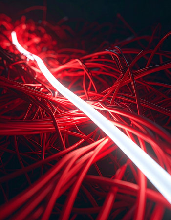A brilliant white signal of pure data cuts through a complex, chaotic network of red fiber optic cables.の素材