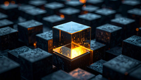 In a vast network of data, one central block glows with a powerful, innovative idea.の素材
