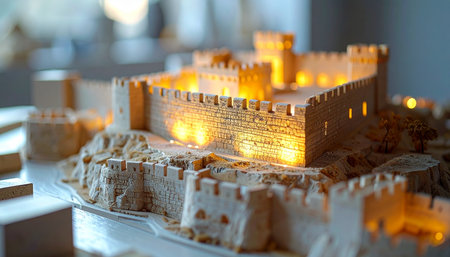 A detailed scale model of an ancient fortress glows with warm, inviting light from within its stone walls.の素材