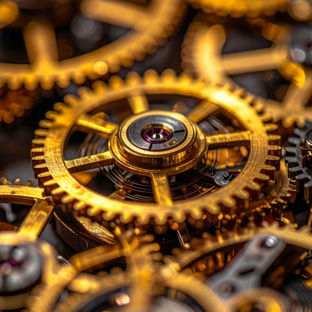 A macro view reveals the heart of a complex machine, where golden gears interlock with perfect precision.の素材