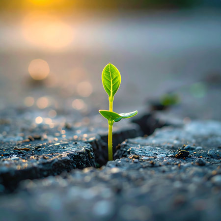 Against all odds, a tiny green sprout emerges from a crack in the dark asphalt.の素材
