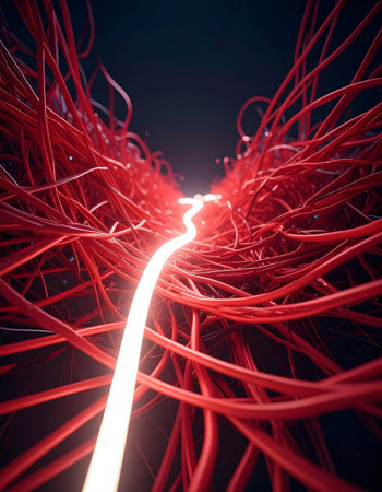 A brilliant pulse of pure energy or information travels at the speed of light through a complex, organic network of pathways.の素材