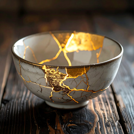 A ceramic bowl, once broken, is given a new life through the ancient Japanese art of Kintsugi.の素材