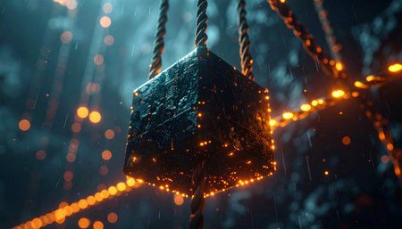 In the heart of an ancient, forgotten forest, a mysterious cube hangs suspended by thick ropes, pulsing with an otherworldly orange light.の素材