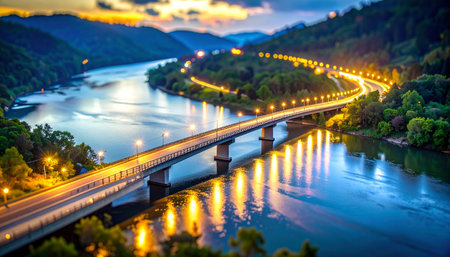 As twilight descends upon the valley, a modern highway bridge glows with warm light, its reflection shimmering on the calm river below.の素材