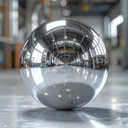 A perfectly polished chrome sphere rests on a clean factory floor, its mirrored surface capturing a distorted, wide-angle reflection of the vast industrial space.の素材