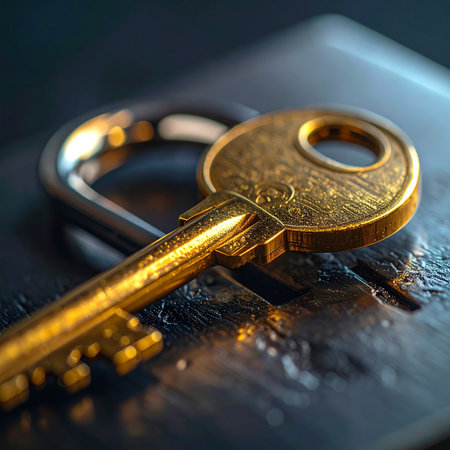 A single, ornate golden key rests on a dark, textured surface, its polished surface gleaming under a spotlight.の素材