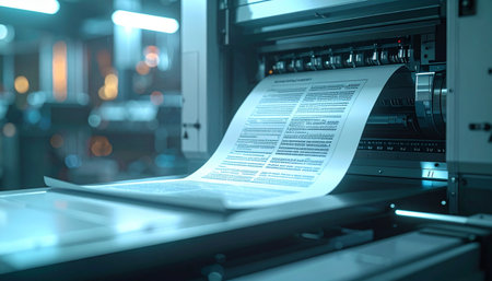 A continuous sheet of paper flows through a modern industrial printing press, its rollers working with precision and speed.の素材