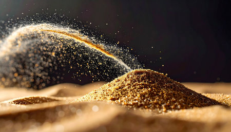 A dynamic, close-up shot captures a cascade of golden sand pouring onto a growing pile.の素材
