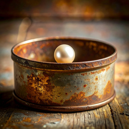 A single, perfect pearl rests within a weathered, rusty tin, creating a powerful visual metaphor.の素材