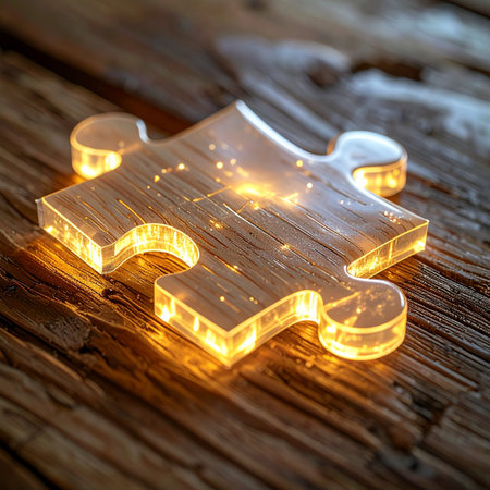 A single, luminous puzzle piece glows with a magical, golden light as it rests on a rustic wooden table.の素材