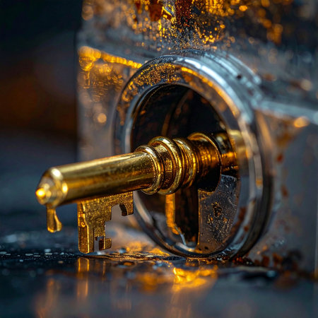 A macro shot of a golden key, covered in dripping honey, inserted into a metallic lock.の素材