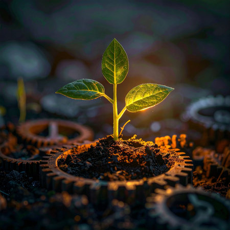 A single, resilient green sprout emerges from the soil within a rusty industrial gear, bathed in a hopeful golden light.の素材
