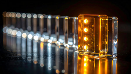 A single, luminous domino, glowing with vibrant orange energy, stands ready to initiate a powerful chain reaction.の素材