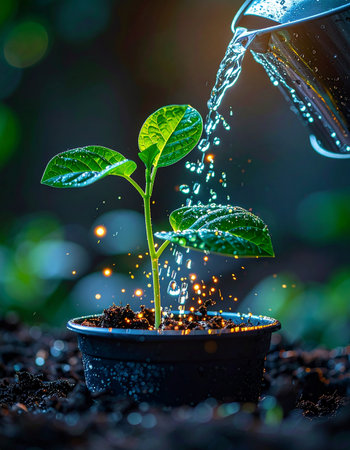 In a softly lit garden, a stream of sparkling water is carefully poured onto a young seedling, symbolizing the nurturing care required for new beginnings.の素材