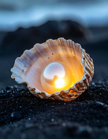 As twilight settles over a dark, volcanic shore, a single seashell holds a miraculous secret.の素材