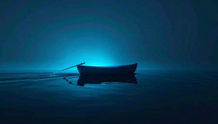 A lone boat rests silently on the calm, dark water, its silhouette stark against a mysterious blue glow emanating from the misty night.の素材